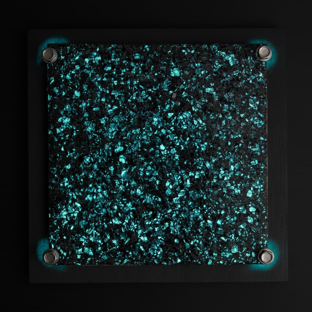 AI-rendered glow-in-the-dark flake sample chip, glowing in the dark