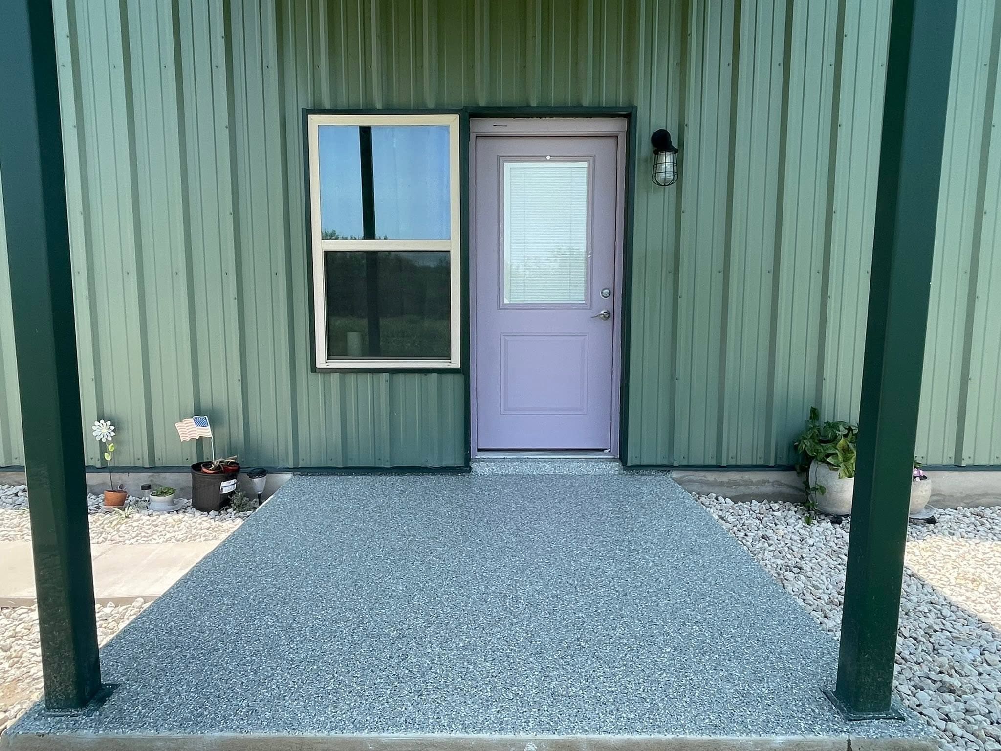 Front porch finished in a green-grey flake blend