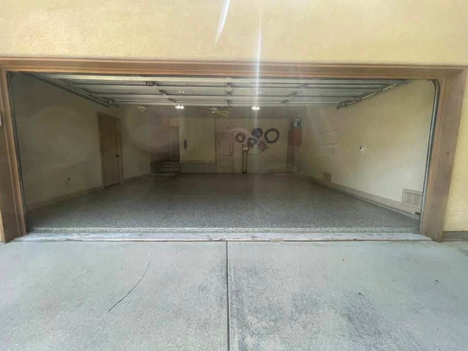 Finished flake garage floor at the door line
